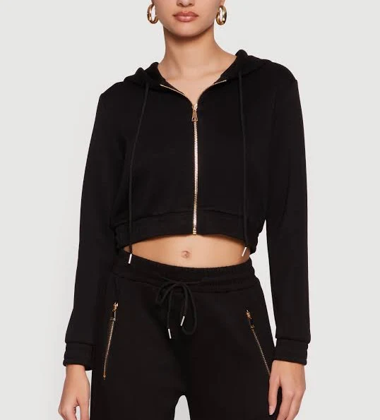 top Cropped Zip Front Hoodie with Drawstring Rainbow Shops $15.97