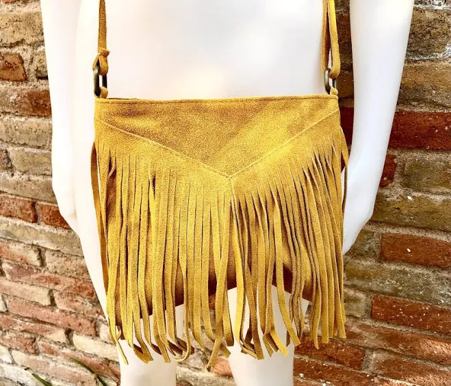 bag Cross body bag. BOHO suede leather bag in MUSTARD with FRINGES. Messenger bag in soft genuine suede leather. Yellow crossbody hippy bag Etsy - goodtimesbarcelona $42.92