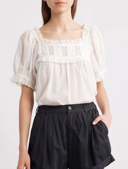 top DÔEN Women's Frances Lace Inset Cotton Blend Top Nordstrom $198