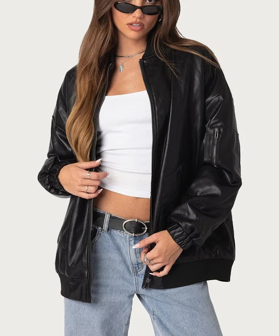 leather jacket Edikted Women's Oversized Faux Leather Bomber Jacket edikted $49.2