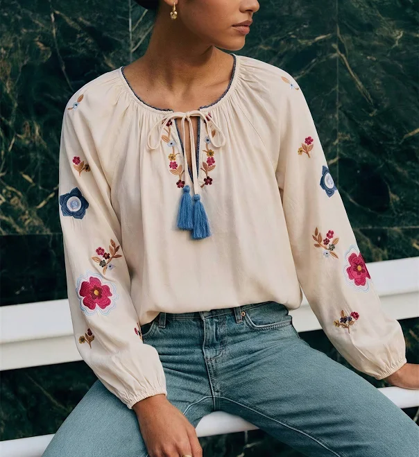 top Embroidered Peasant Blouse with Balloon Sleeves New York & Company $44.99