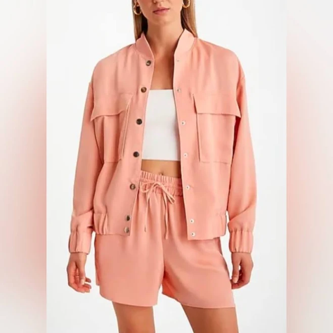 bomber jacket Express Jackets & Coats | Express Satin Coral Oversized Bomber Jacket Women's Sz Xl | Color: Pink | Size: Xl | Sergiomir175's Closet Poshmark $55