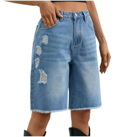 shorts Hadst Women's High-Waisted Loose Fit Denim Shorts with Frayed Hem Walmart - Tops Haven $23.7