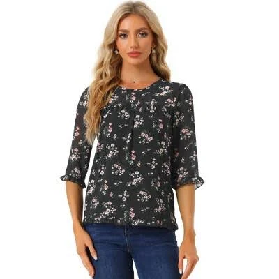 top Inspire Chic Women's Round Neck Ruffle 3/4 Sleeve Floral Chiffon Top Target $26.99
