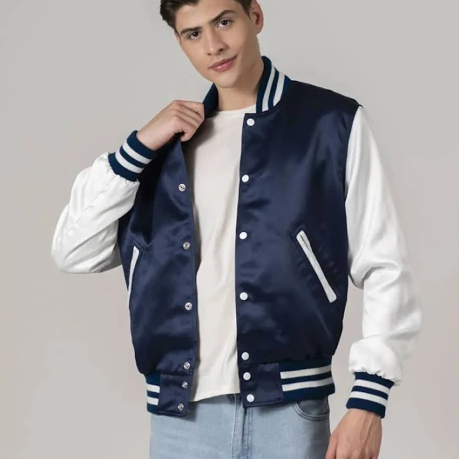 bomber jacket Men’s Navy & White Satin Varsity Jacket – Classic College Bomber Style eBay - chandaimplantsltd $89.95