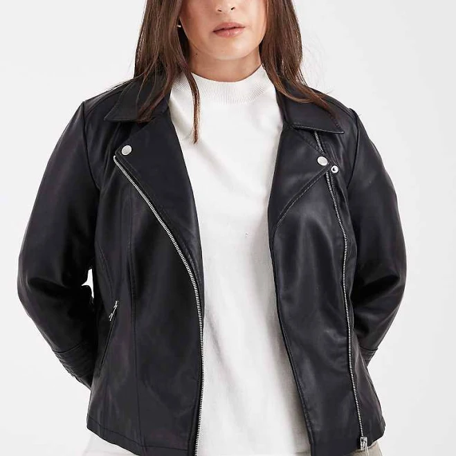 leather jacket ONLY Curve Emmy Faux Leather Biker Jacket ASOS $90