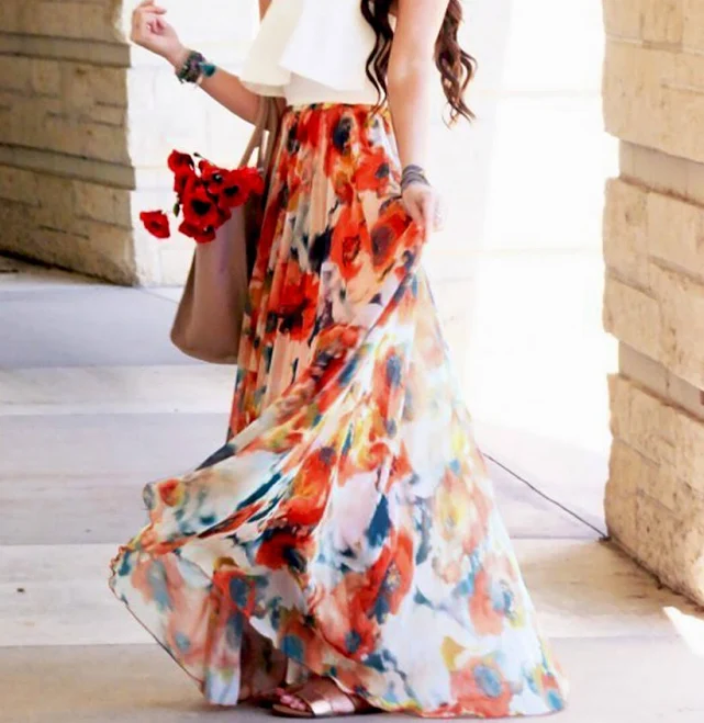 skirt Orange Blossom Watercolor Maxi Skirt Chicwish $39.9