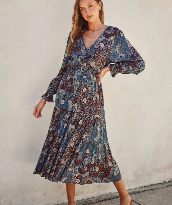 dress PinkBlush Paisley Smocked Waist Tiered Midi Dress PinkBlush Maternity $45