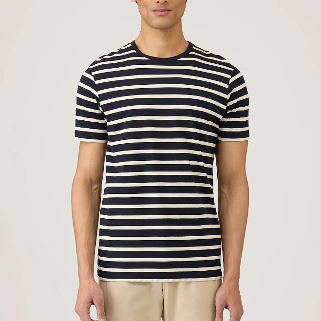 top Sunspel Men's Navy/Ecru Breton Stripe Classic Stripe Cotton T-Shirt Sunspel $98
