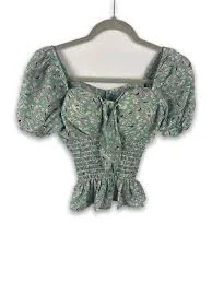 top Teal Floral Crop Top, Puff Sleeves, Front Tie, Shirred Peplum, Built In Bra, S/M eBay $7.99