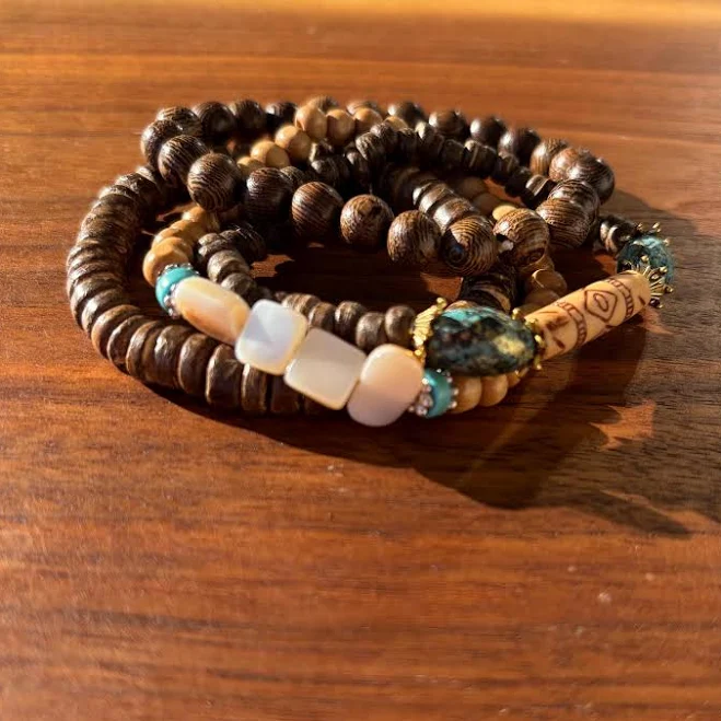 accessory Wanderer's Boho Wood & Turquoise Beaded Bracelet Set Etsy - Seller $32