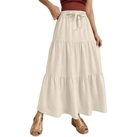 skirt Women's Flowy Boho Linen Wrap Skirt with Drawstring Walmart - wushicai $24.49