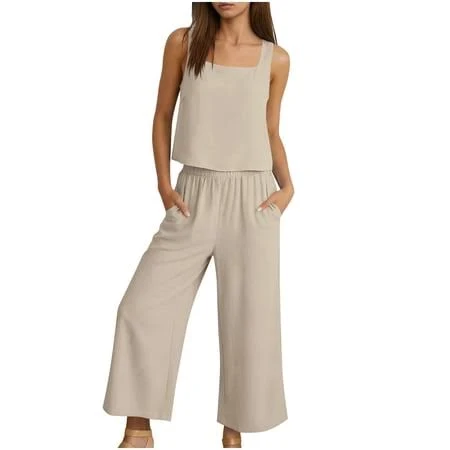 matching set Women's Linen Blend Square Neck Cami Top and Pants with Pockets Walmart - Menjimasp $10.64