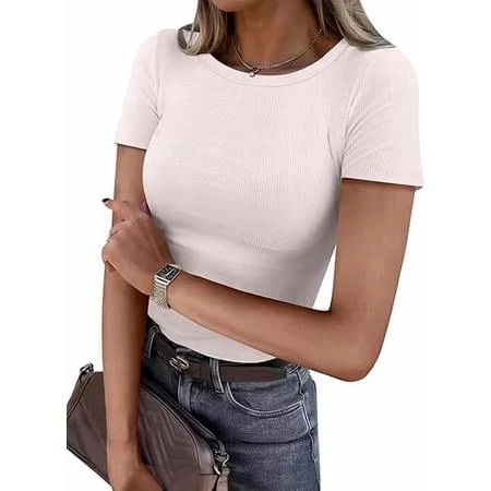 top Women's Ribbed Knit Slim Fitted Crewneck Short Sleeve Shirt Walmart - ANRABESS FASHION $17.69