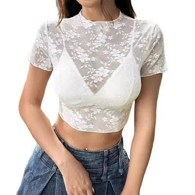 top Women's Sheer Floral Lace Mock Neck Short Sleeve Crop Top Target $40.44