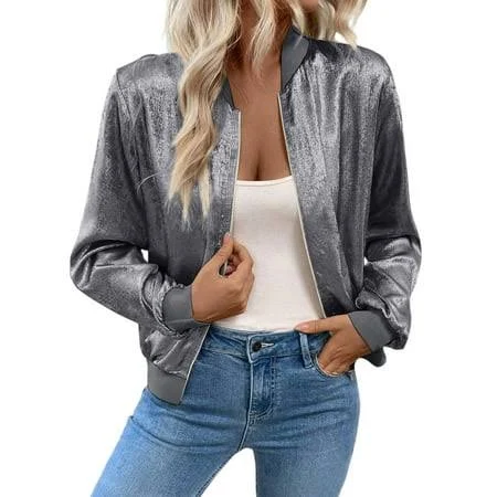 bomber jacket Women's Shiny Satin Bomber Jacket Walmart - NWUDEQYJ $19.99