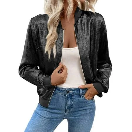 bomber jacket Women's Shiny Satin Bomber Jacket Walmart - NWUDEQYJ $19.99