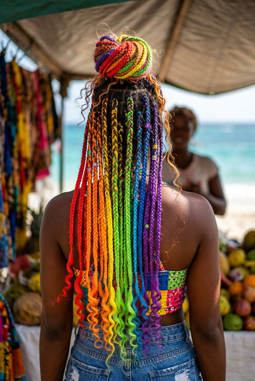 Rainbow Festival Braids 2026 rainbow bright half-up braids with neon accents and curly ends for a music festival