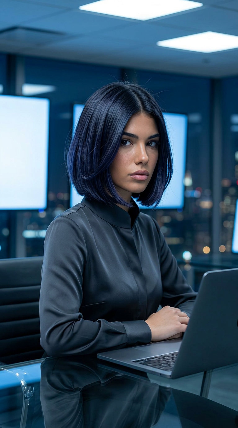 chin-length black bob with blue undertones and sleek finish for events