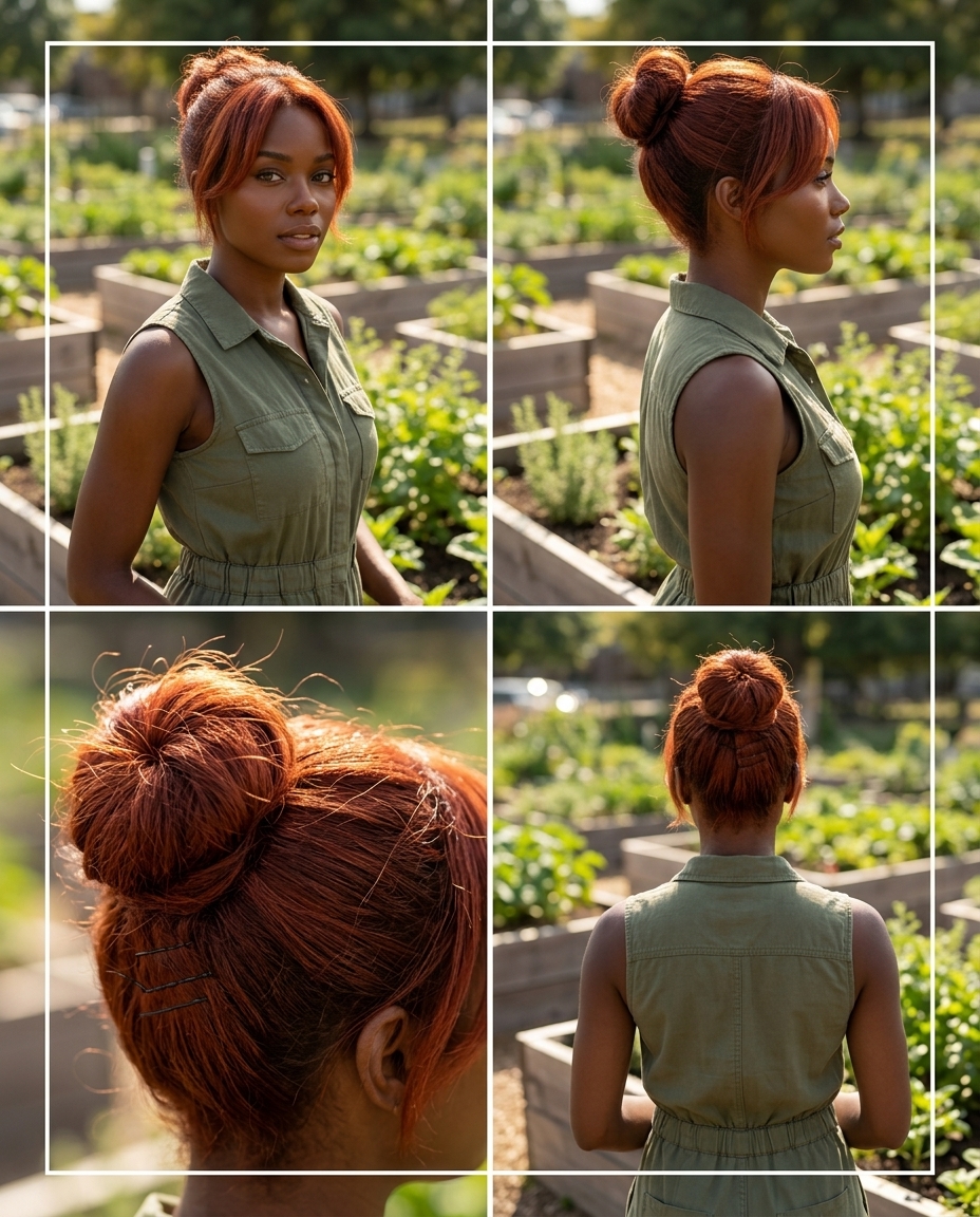 vibrant red pixie bun with textured pieces and copper highlights