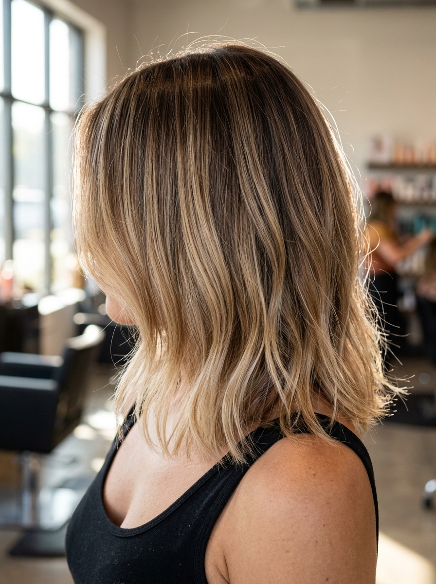 collarbone-length lob with deep caramel and soft espresso tones, internal layers, graduated blunt line — playful effortless style