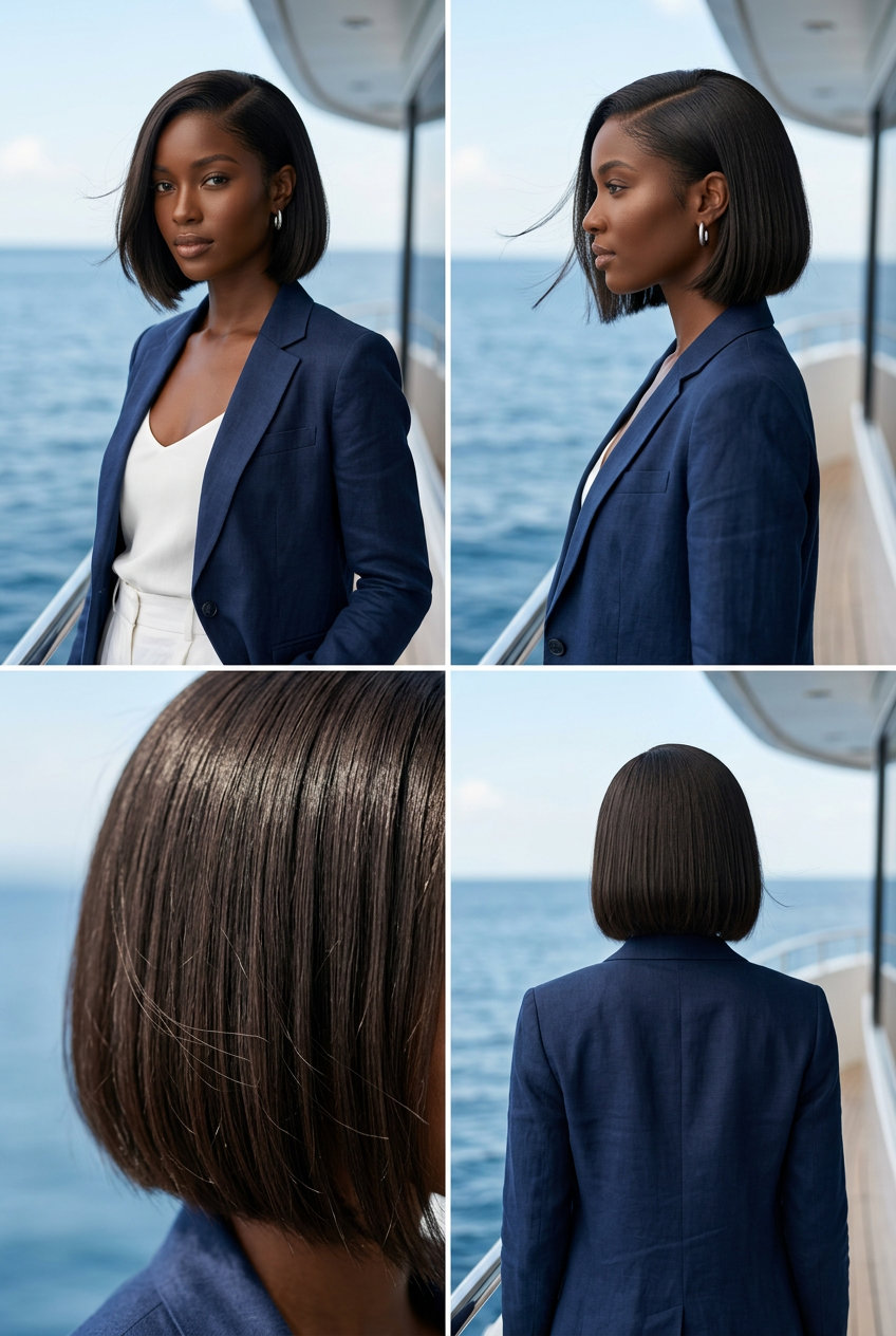 short bob haircut with rich brunette, sleek styling, deep side part — sophisticated office look