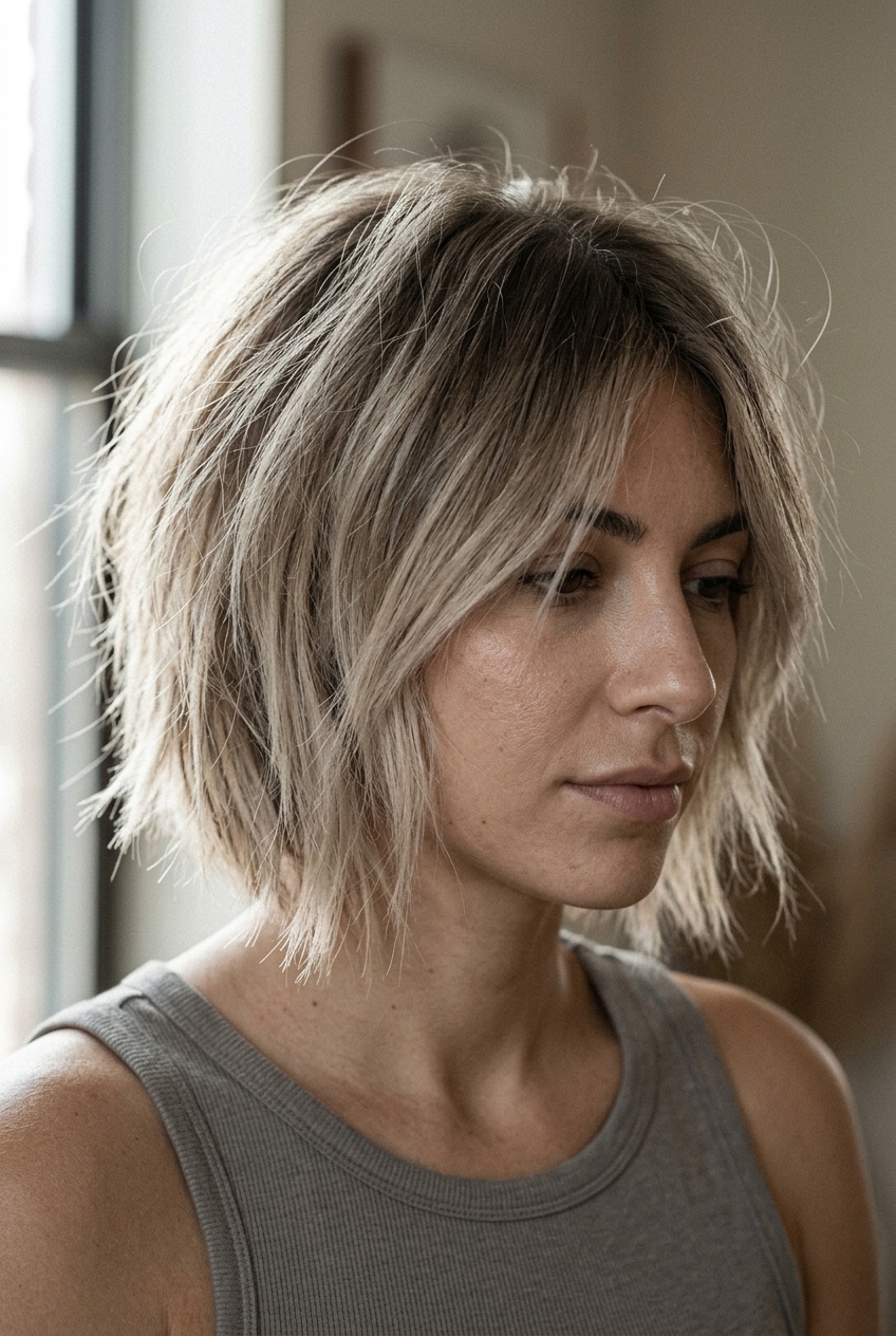 short razor bob haircut in rooty ash blonde with faded ends, shaggy razored layers, piecey micro-fringe — edgy cool