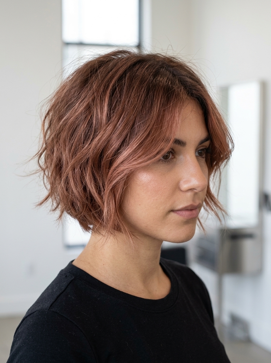 short choppy bixie haircut in rose brown with copper highlights and tousled texture for romantic look