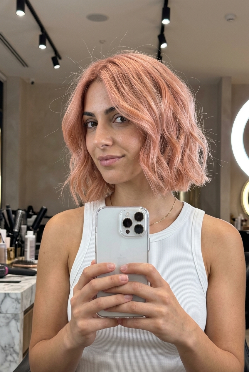 above-collarbone textured bob haircut in muted rose gold with peach undertones, face-framing layers, side part for summer parties