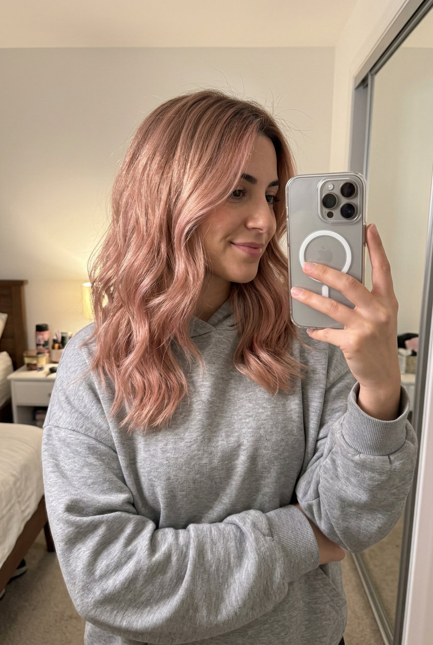 long layered rose gold blonde balayage with air touch technique