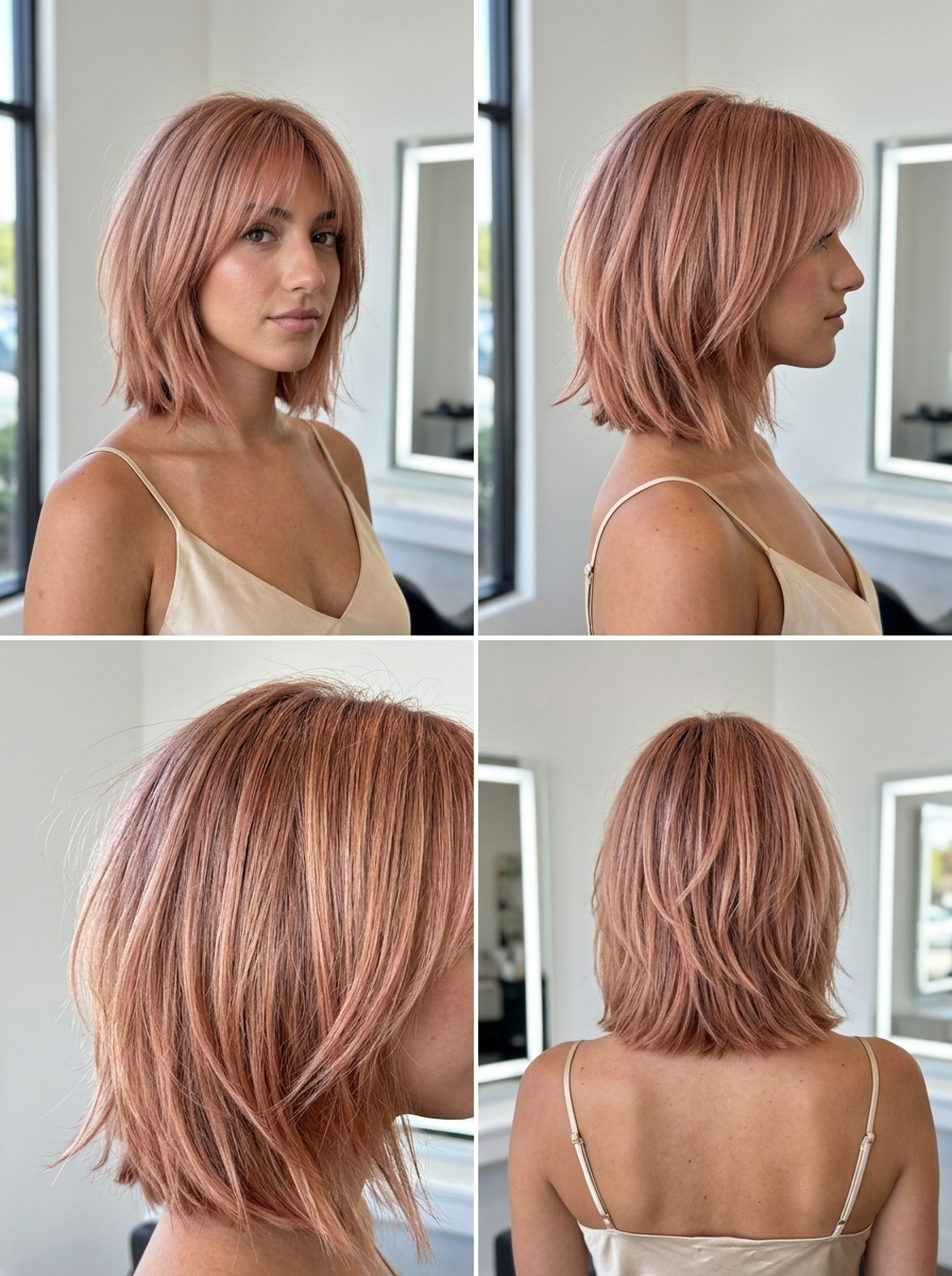 chin-length layered bob with dusty rose, gold & peach blend, choppy layers for summer