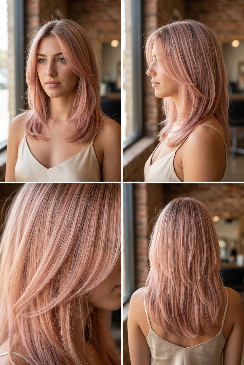 long rose gold color melt with shimmering ends, seamless blend, no fringe — romantic