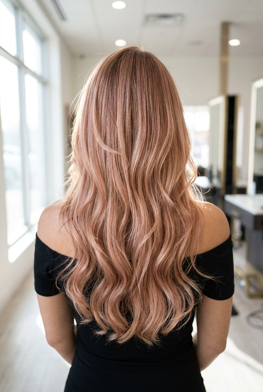 long layered hair with rose gold nectar strawberry blonde, collarbone layers, U-shape back — romantic, ethereal