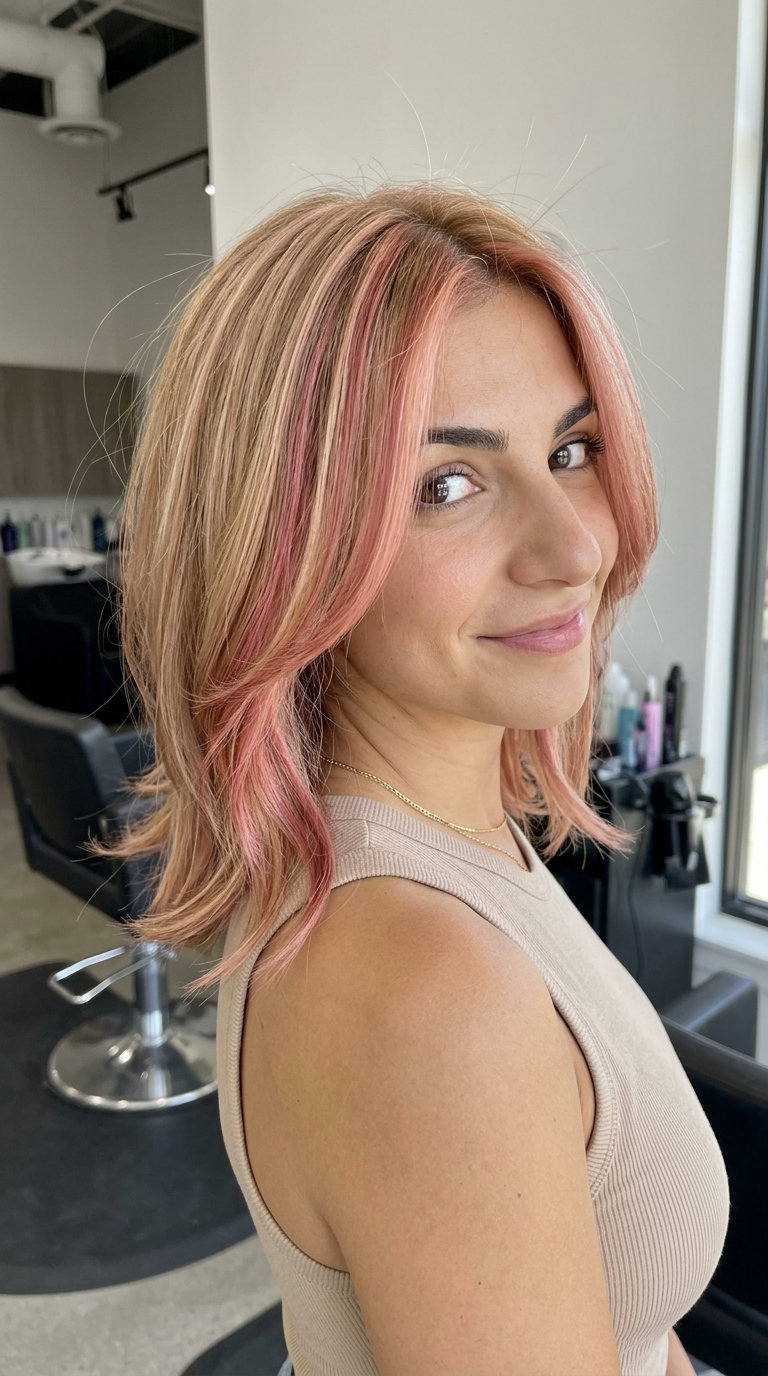 long layered hair with vibrant rose gold streaks, chunky highlights, playful mood for summer