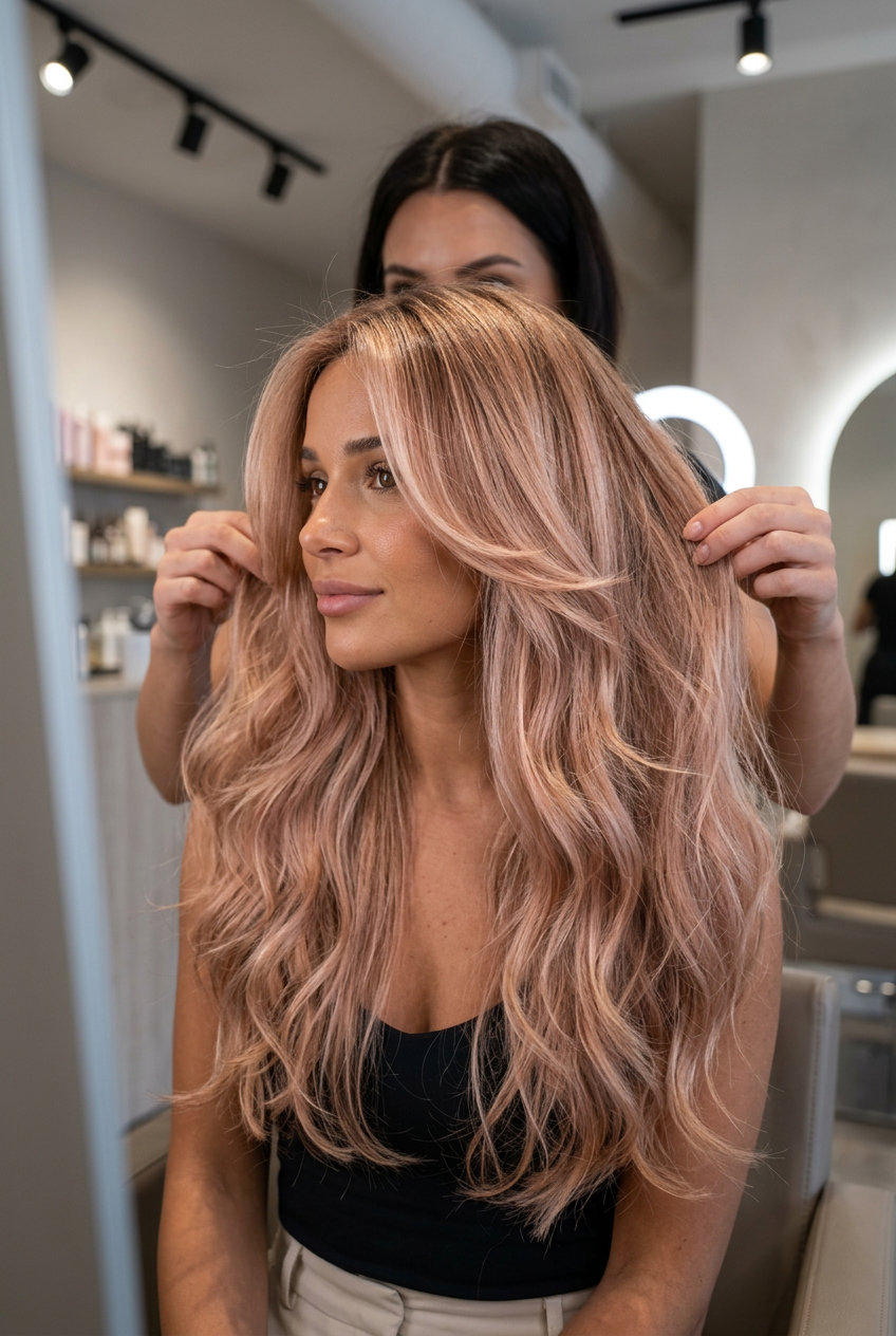 long wavy haircut with rose gold balayage, jawline layers and razored ends for date night