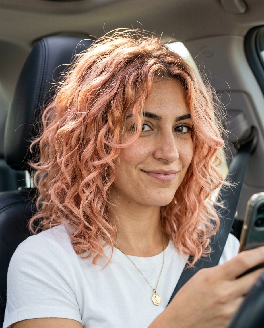 medium layered lob haircut in iridescent rose gold with peach undertones, root smudge, playful edgy mood