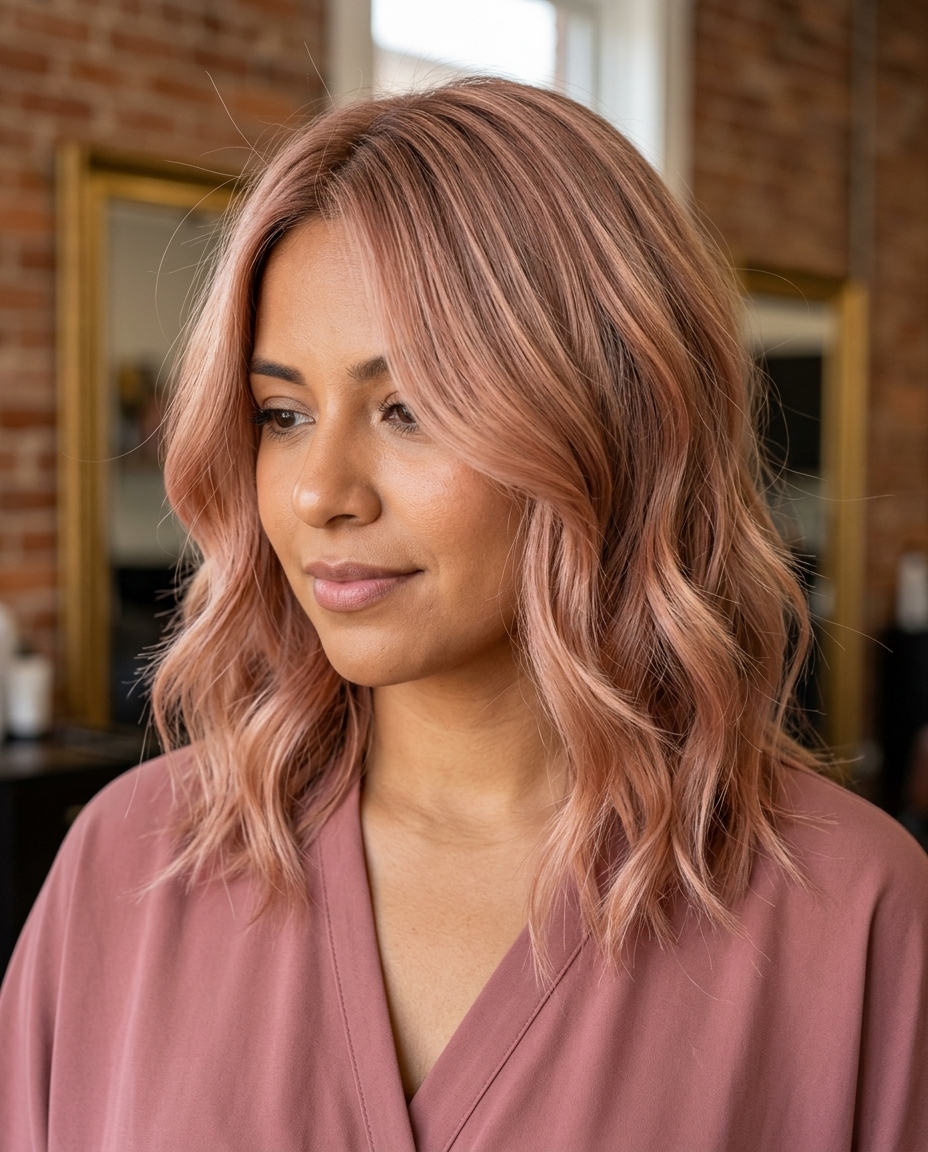 medium layered lob haircut in dusty rose gold with peachy undertones, face-framing layers, romantic dreamy mood