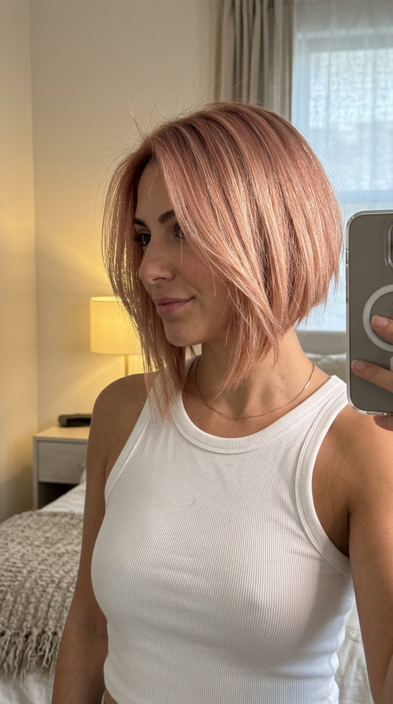 short asymmetrical rose gold strawberry blonde bob with razored ends and deep side part for edgy style