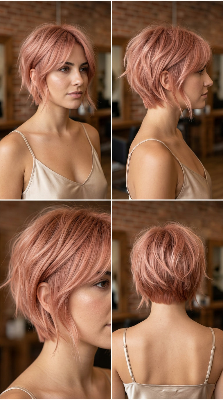 short choppy bixie haircut in dusty rose gold with peach undertones, tousled layers, playful fringe — romantic date night
