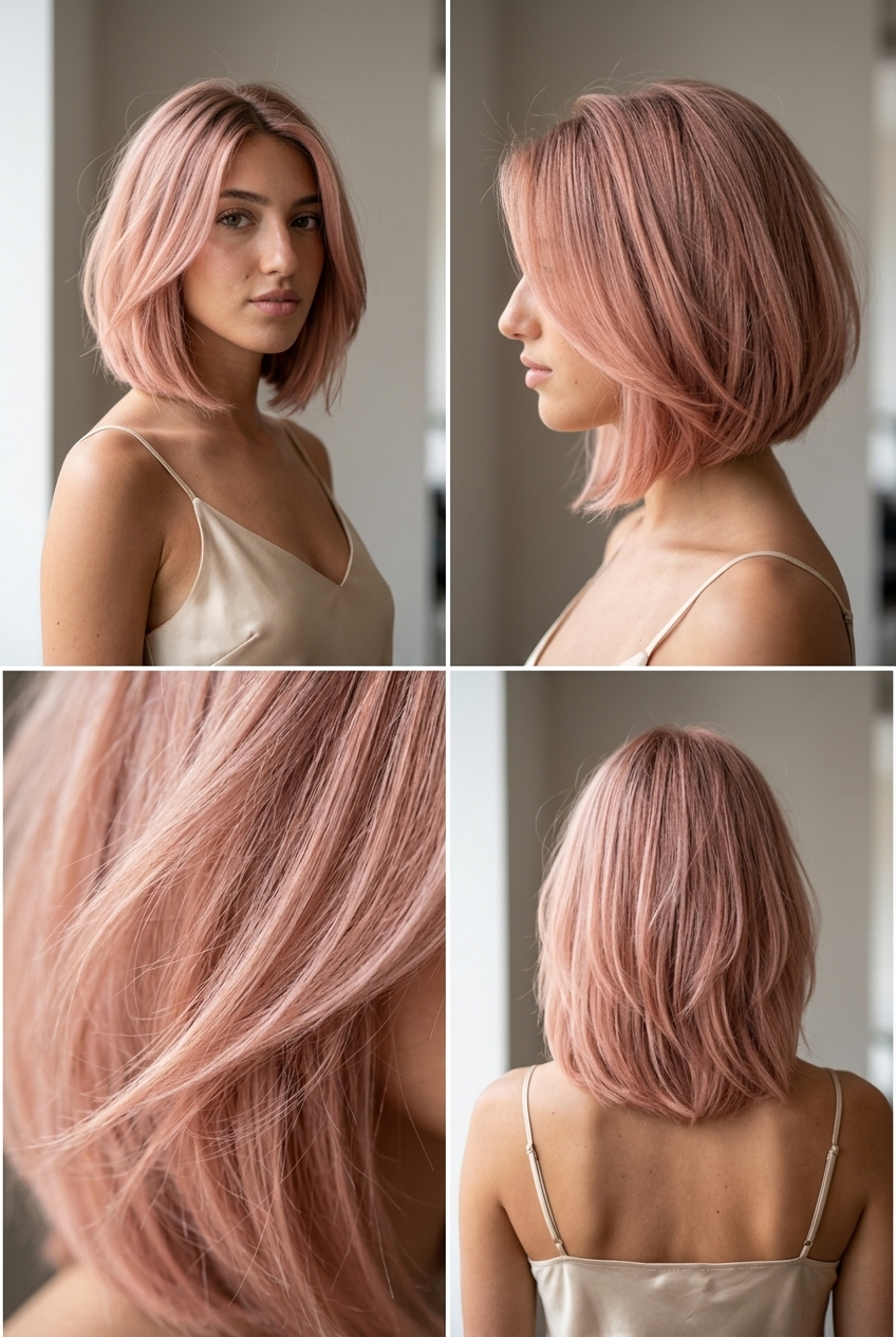 short rose gold bob with diffused ends and soft face-frame for outdoor event