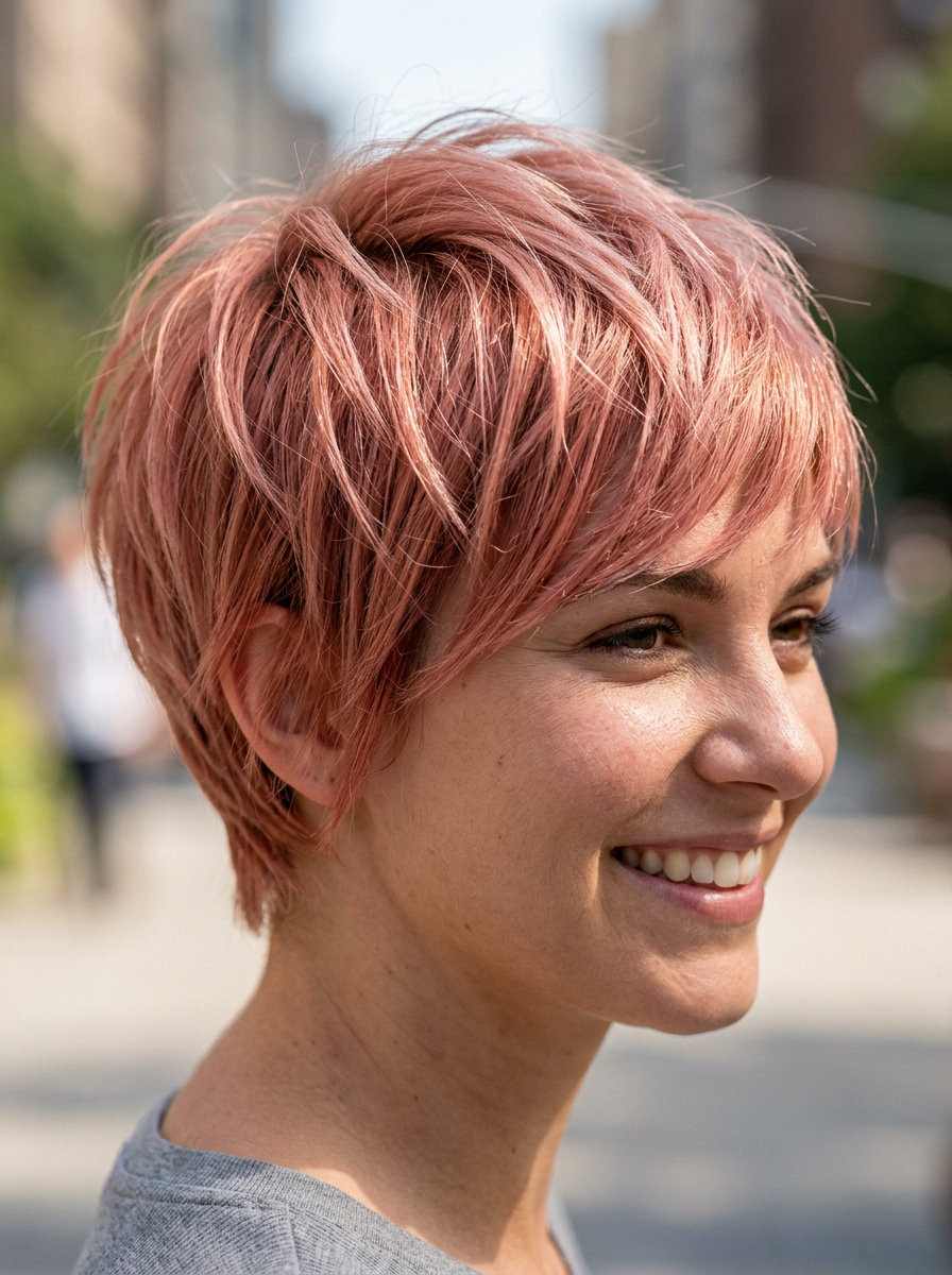 very short pixie haircut in rose gold with piecey texture for summer