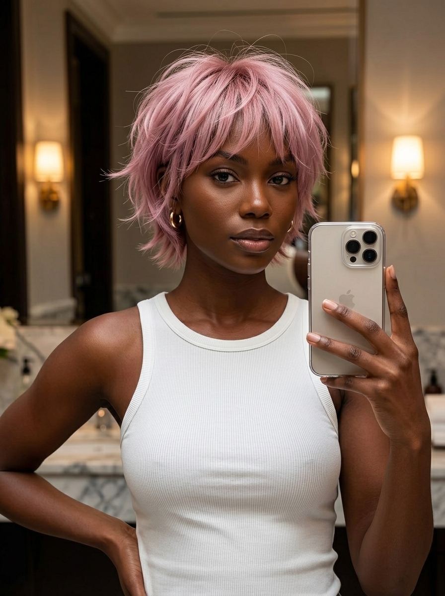 very short choppy bixie haircut with rose quartz pink, lavender undertones, and wispy fringe for playful dates
