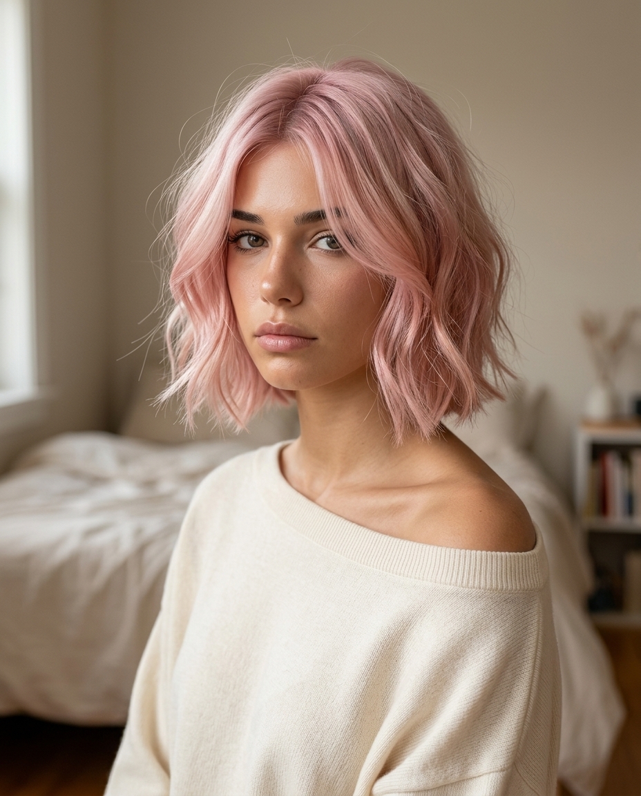 chin-length rose quartz italian bob with pastel pink and wispy face-framing for festivals