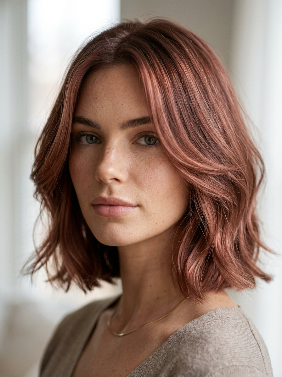 shoulder-length layered bob with muted rosewood brown & pink undertones, soft A-line shape for summer