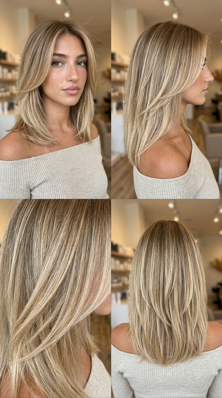 long sand blonde color melt with natural sand to light sand blonde, teasylights/airtouch, no fringe — effortless beach vacation