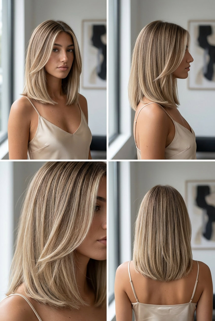 shoulder-length linen blonde balayage with sandy beige tones and subtle layers for professional wear