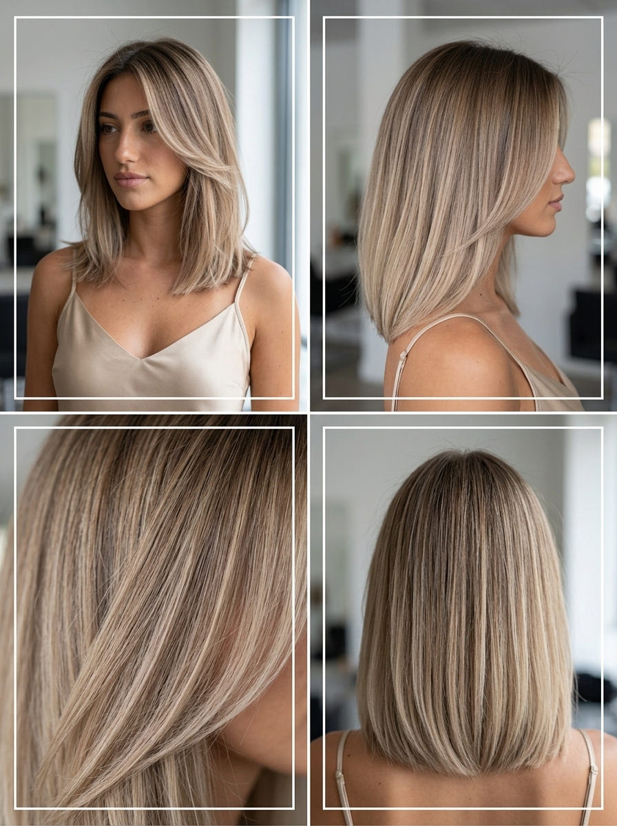 shoulder-length sandy beige blonde ombre with light taupe root and muted sand ends, effortless waves for casual weekend
