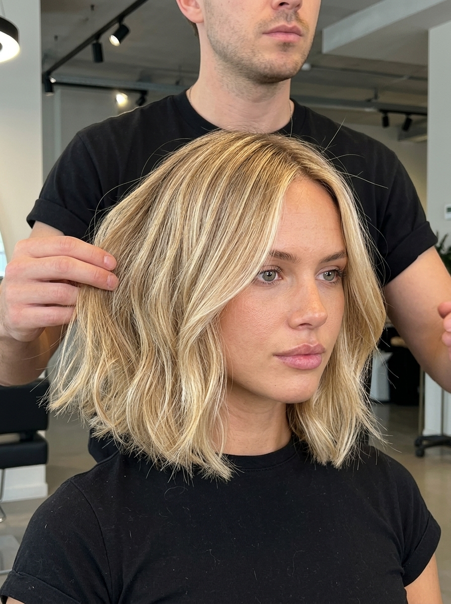 chin-length italian bob haircut with sun-bleached sandy blonde and golden balayage for beachy vibes