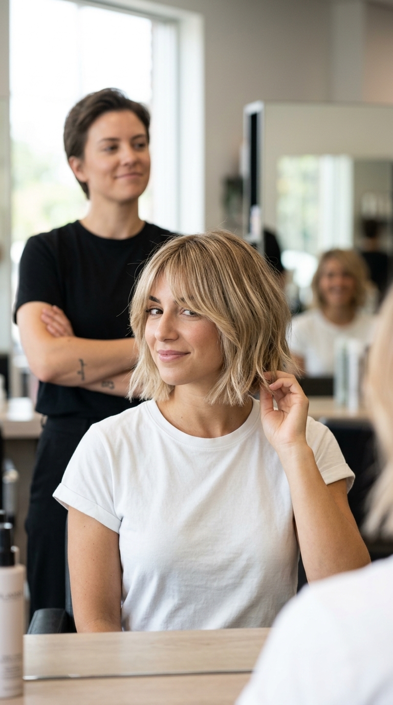 chin-length textured bob haircut with sandy blonde balayage, neutral base, curtain fringe — effortless beachy look