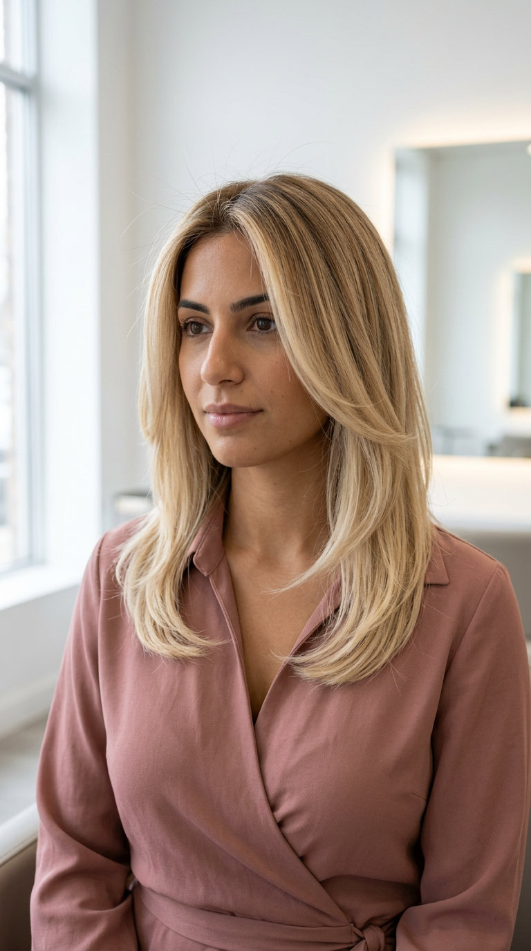 long warm sandy blonde to creamy butter blonde color melt with golden highlights